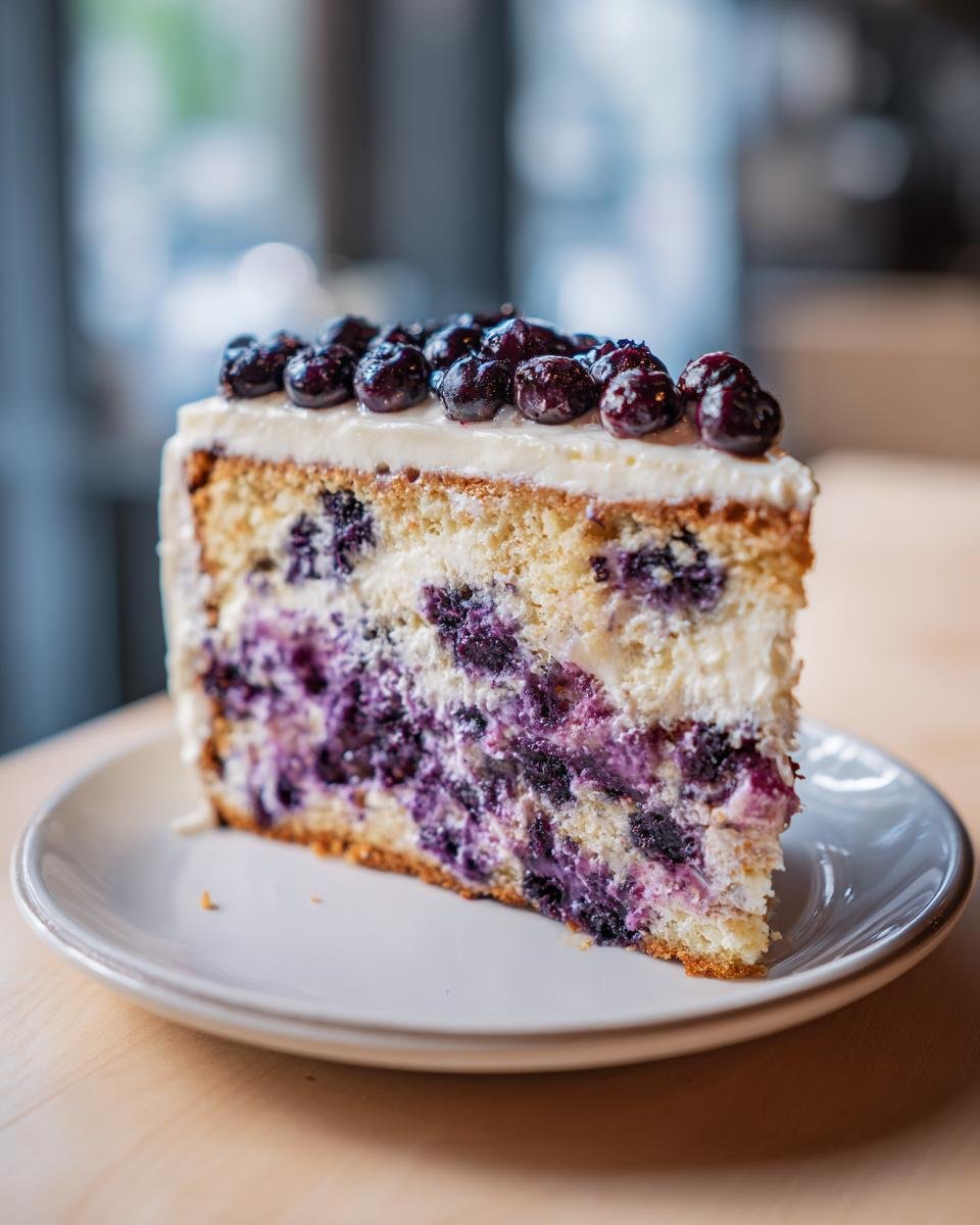 A slice of Blueberry Oatmeal Cake with Cream Cheese Frosting, topped with fresh blueberries.