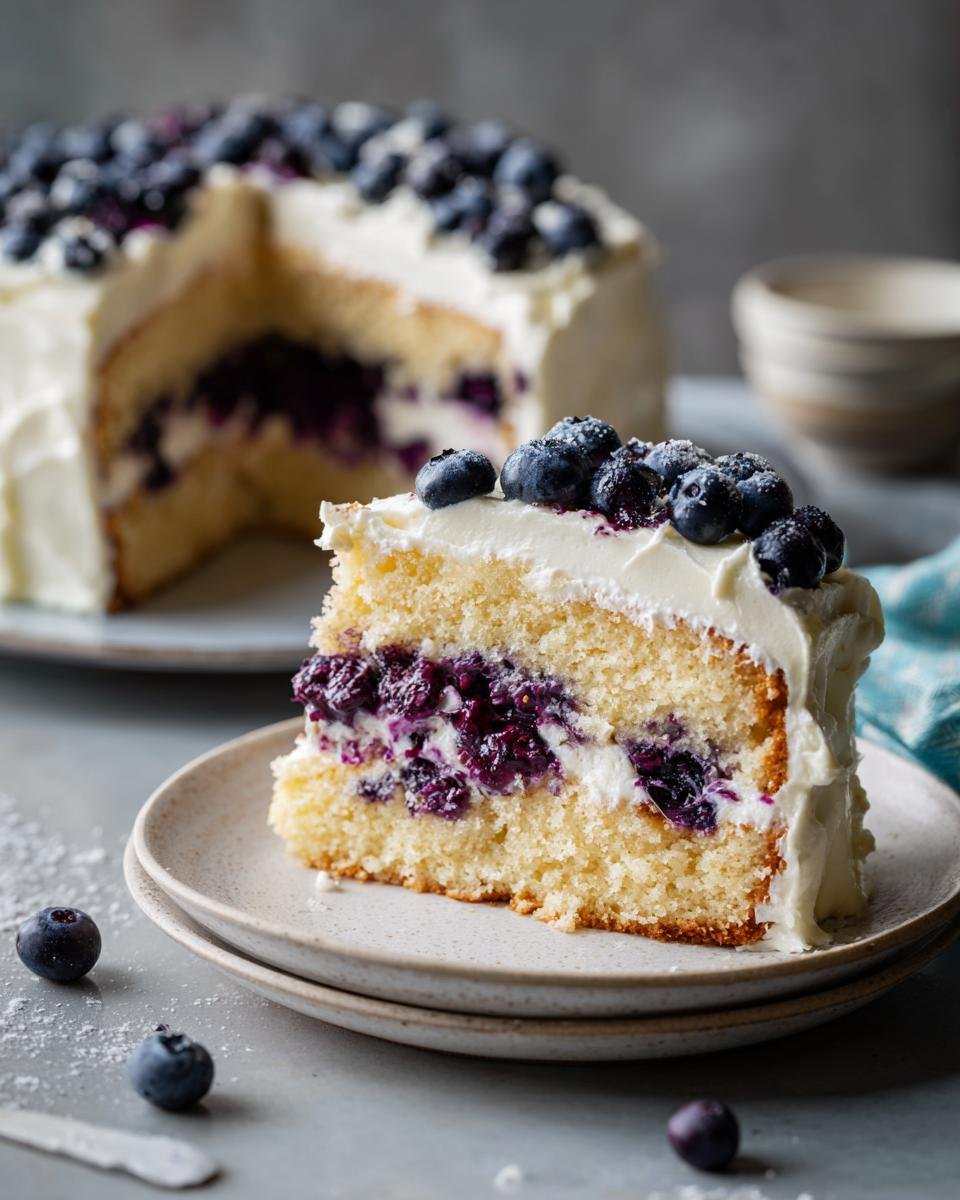 A slice of Blueberry Oatmeal Cake with Cream Cheese Frosting, showcasing layers of cake, cream cheese filling, and blueberries.