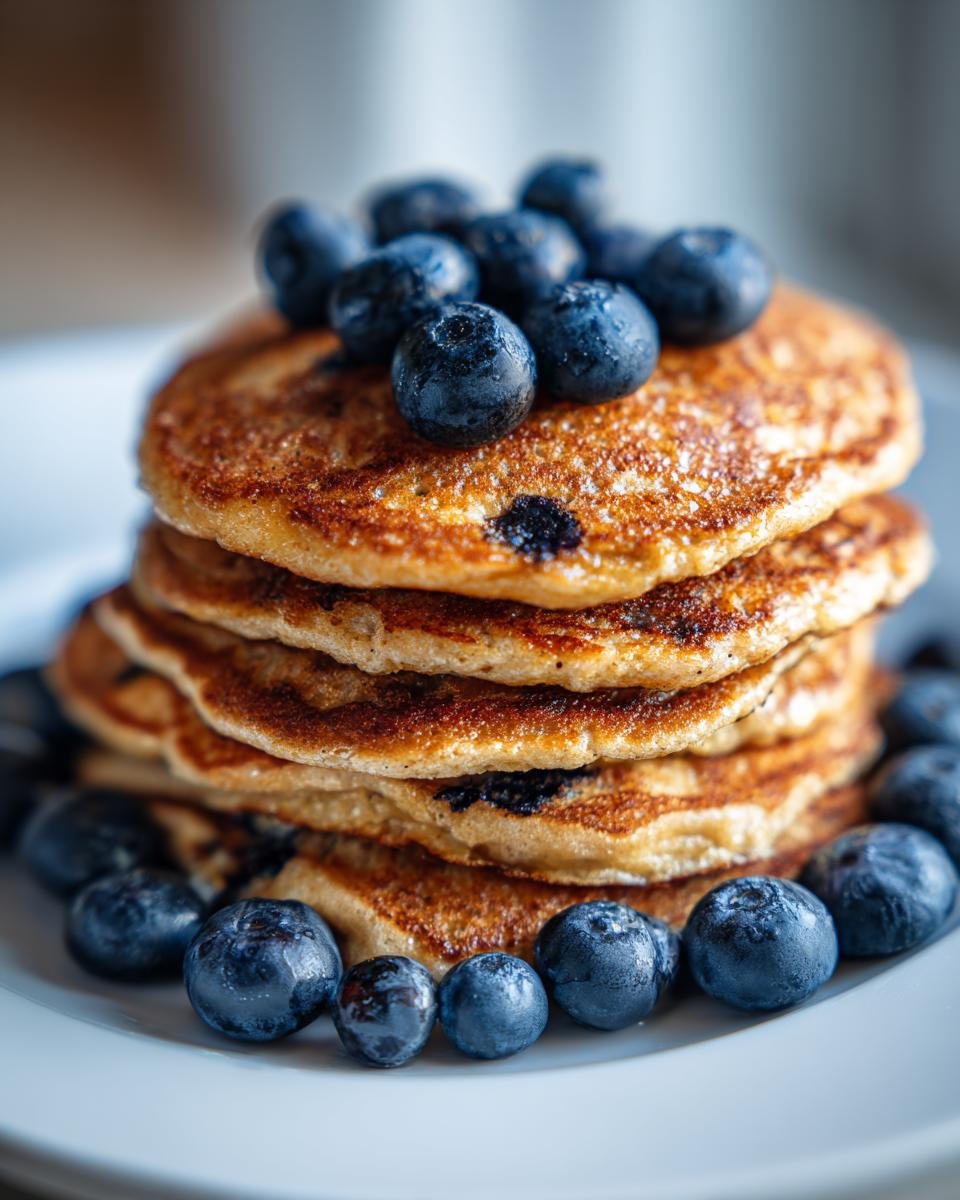 A stack of golden-brown Blueberry Whole Wheat Pancakes topped with fresh blueberries.