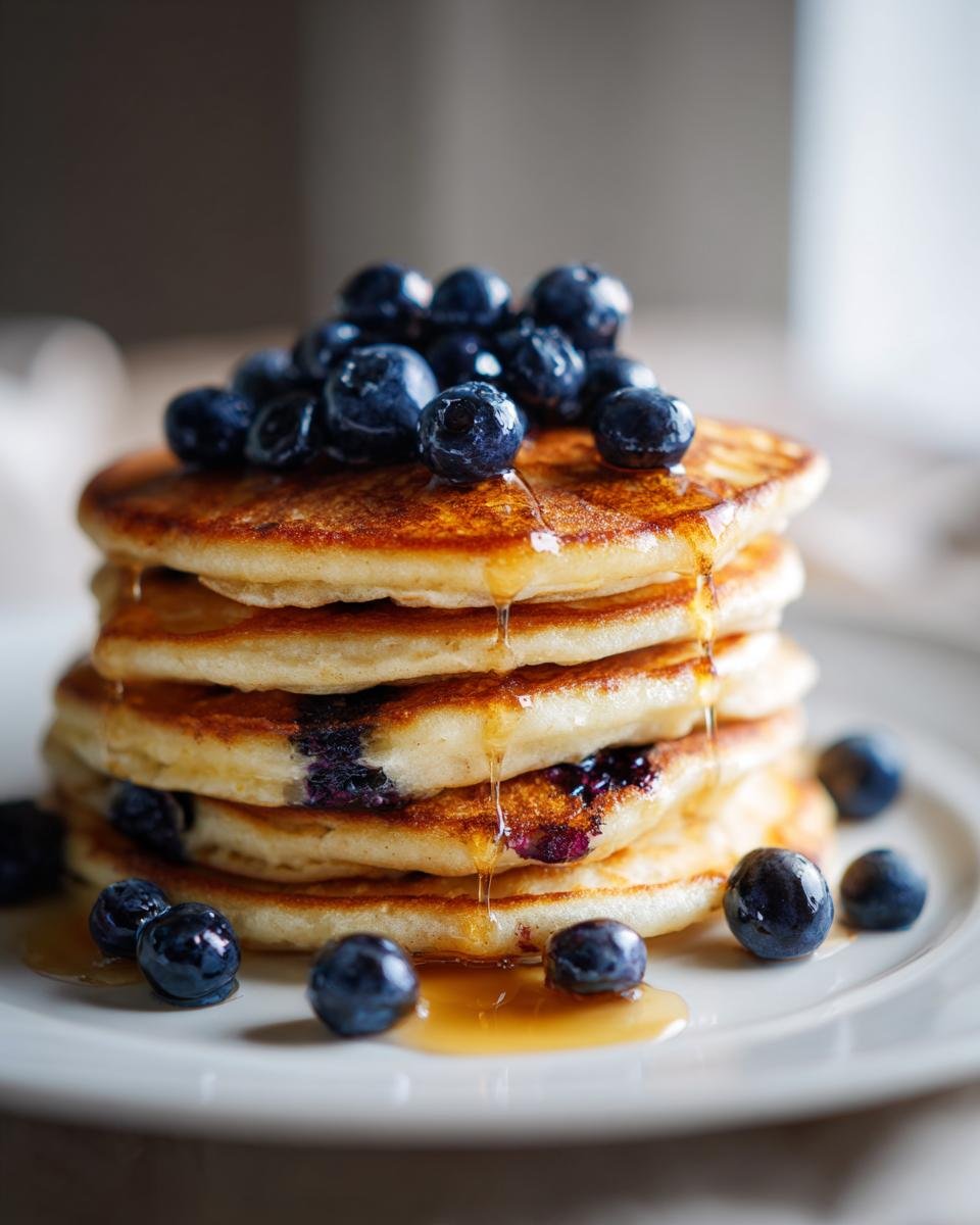 A tall stack of golden-brown Blueberry Whole Wheat Pancakes, topped with fresh blueberries and drizzled with syrup.