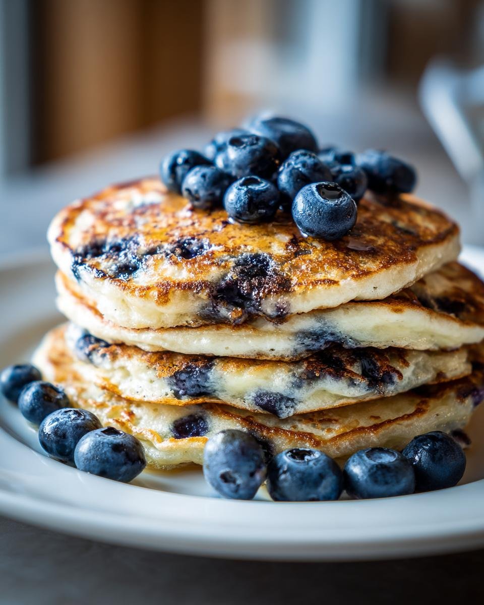 A stack of delicious Blueberry Whole Wheat Pancakes topped with fresh blueberries and drizzled with syrup.