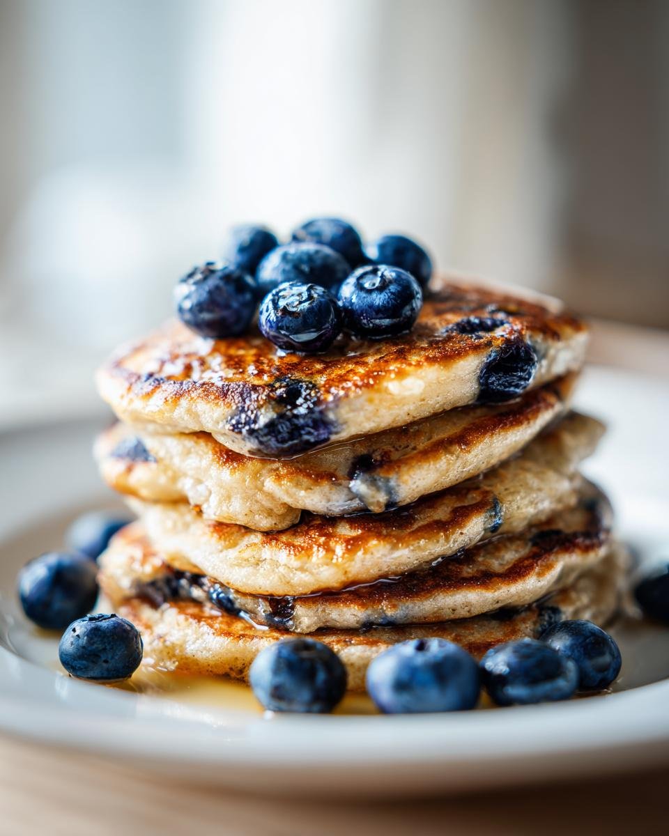 A stack of delicious Blueberry Whole Wheat Pancakes topped with fresh blueberries and syrup.