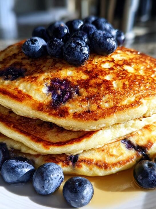 A stack of golden-brown Blueberry Whole Wheat Pancakes topped with fresh blueberries and syrup.