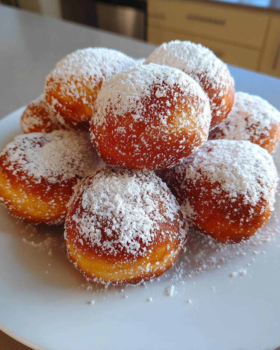 A pile of golden-brown Bomboloni, best Italian donuts, generously dusted with powdered sugar.