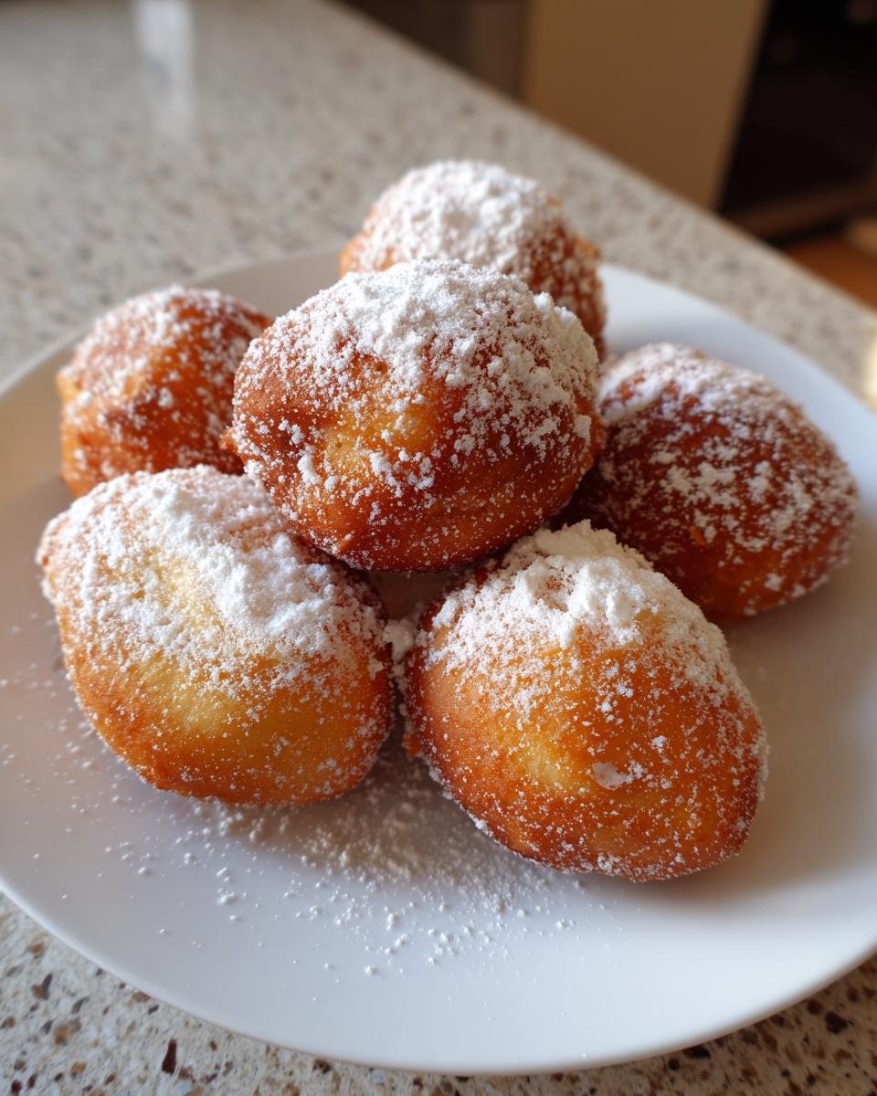 A plate of freshly made Bomboloni, dusted generously with powdered sugar.