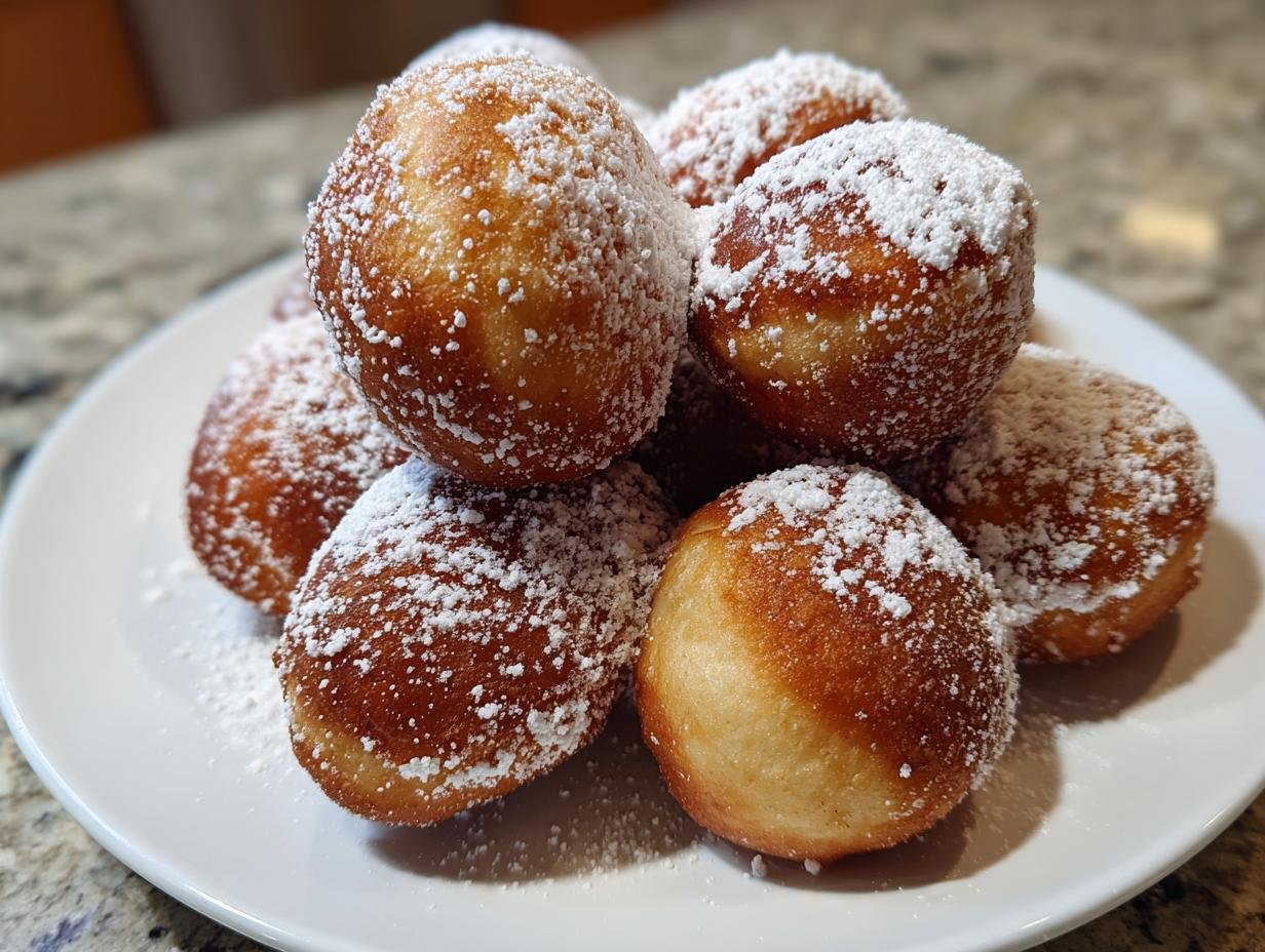 A close-up of a pile of golden-brown Bomboloni Italian donuts generously dusted with powdered sugar on a white plate.