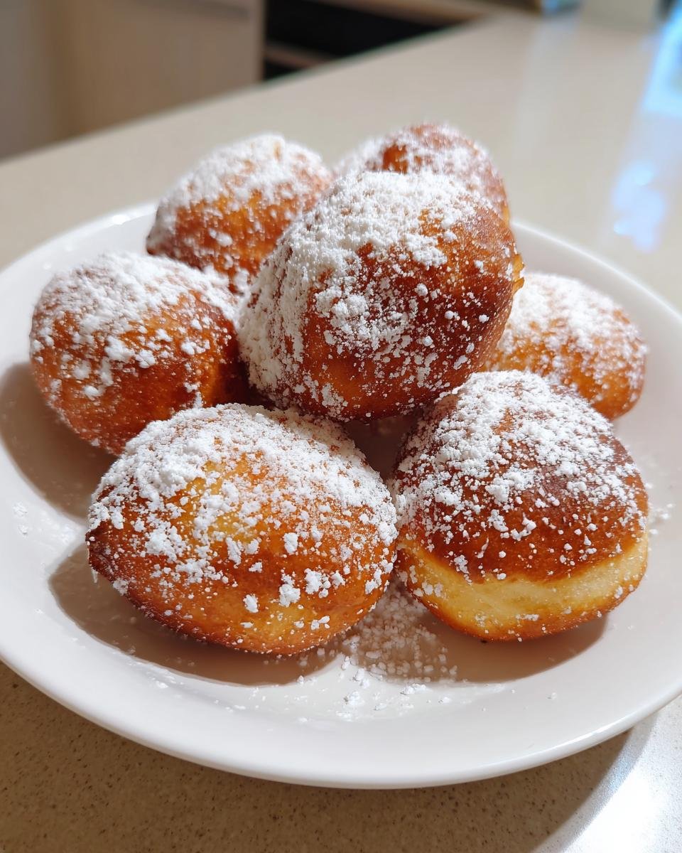 A plate piled high with freshly fried Bomboloni, dusted generously with powdered sugar. Best Italian donuts recipe.