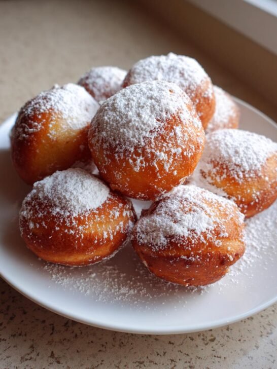 A pile of golden-brown Bomboloni, best Italian donuts, dusted generously with powdered sugar.