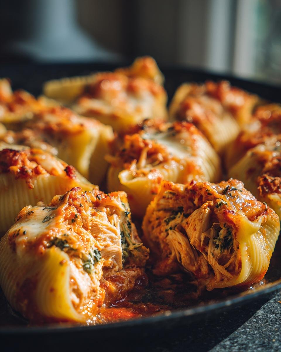 Close-up of Broccolini And Jerk Chicken Stuffed Shells baked with cheese and marinara sauce.