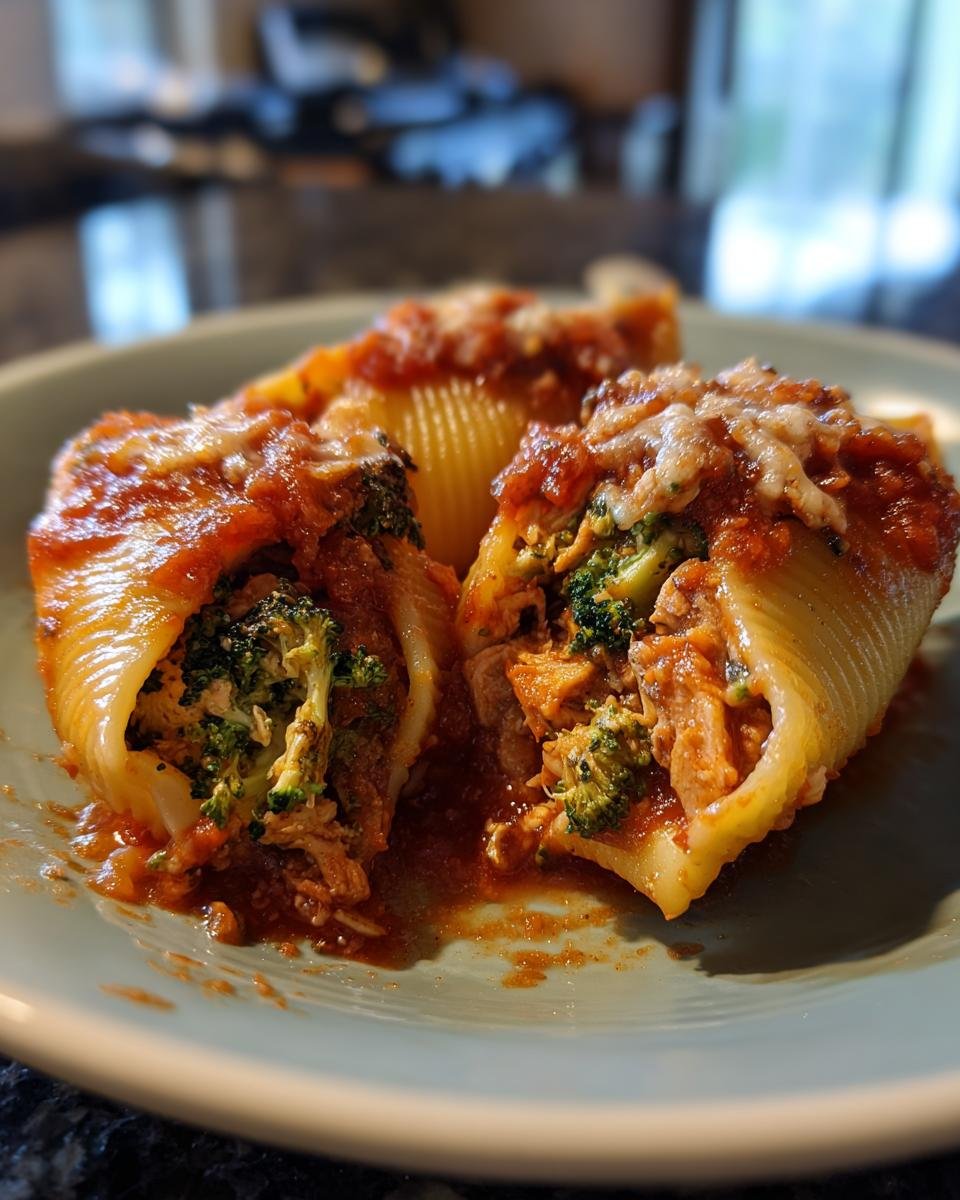 Close-up of Broccolini and Jerk Chicken Stuffed Shells topped with marinara sauce and cheese.