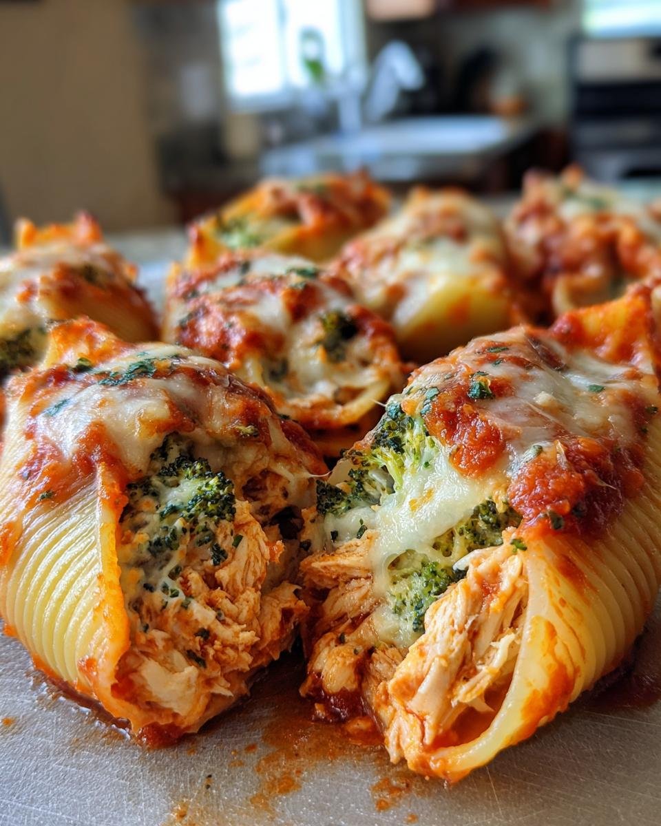 Close-up of Broccolini and Jerk Chicken Stuffed Shells, filled with shredded chicken, broccoli florets, and melted cheese.