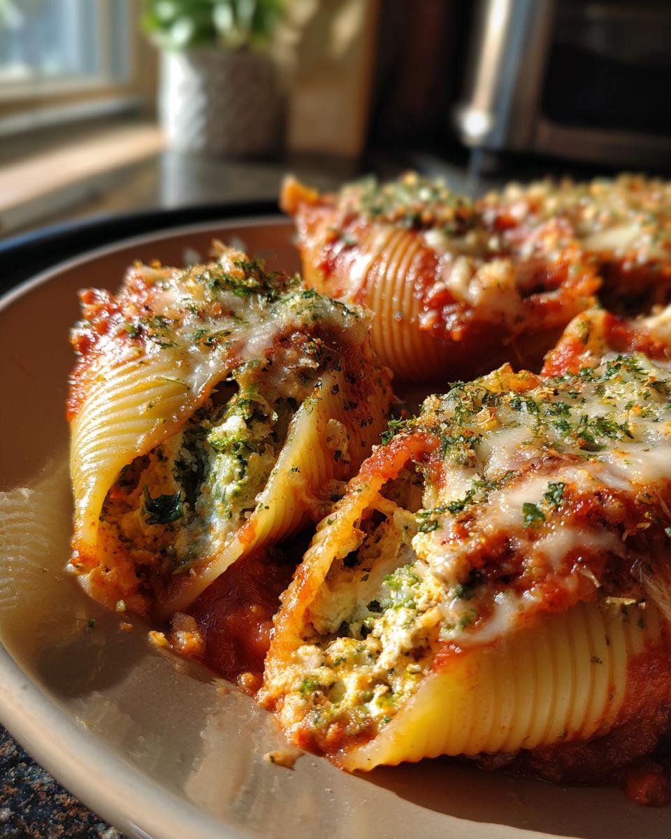 Close-up of Broccolini and Jerk Chicken Stuffed Shells topped with melted cheese and herbs.
