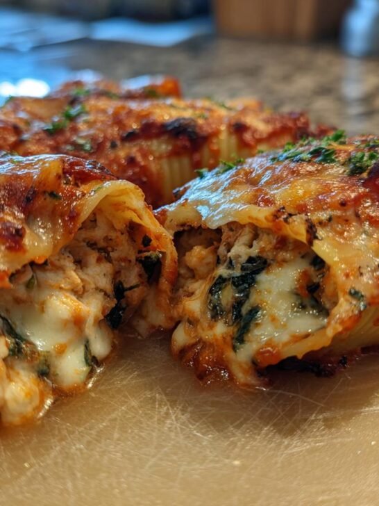 A close-up view of Broccolini and Jerk Chicken Stuffed Shells, showing the cheesy filling and tender chicken.