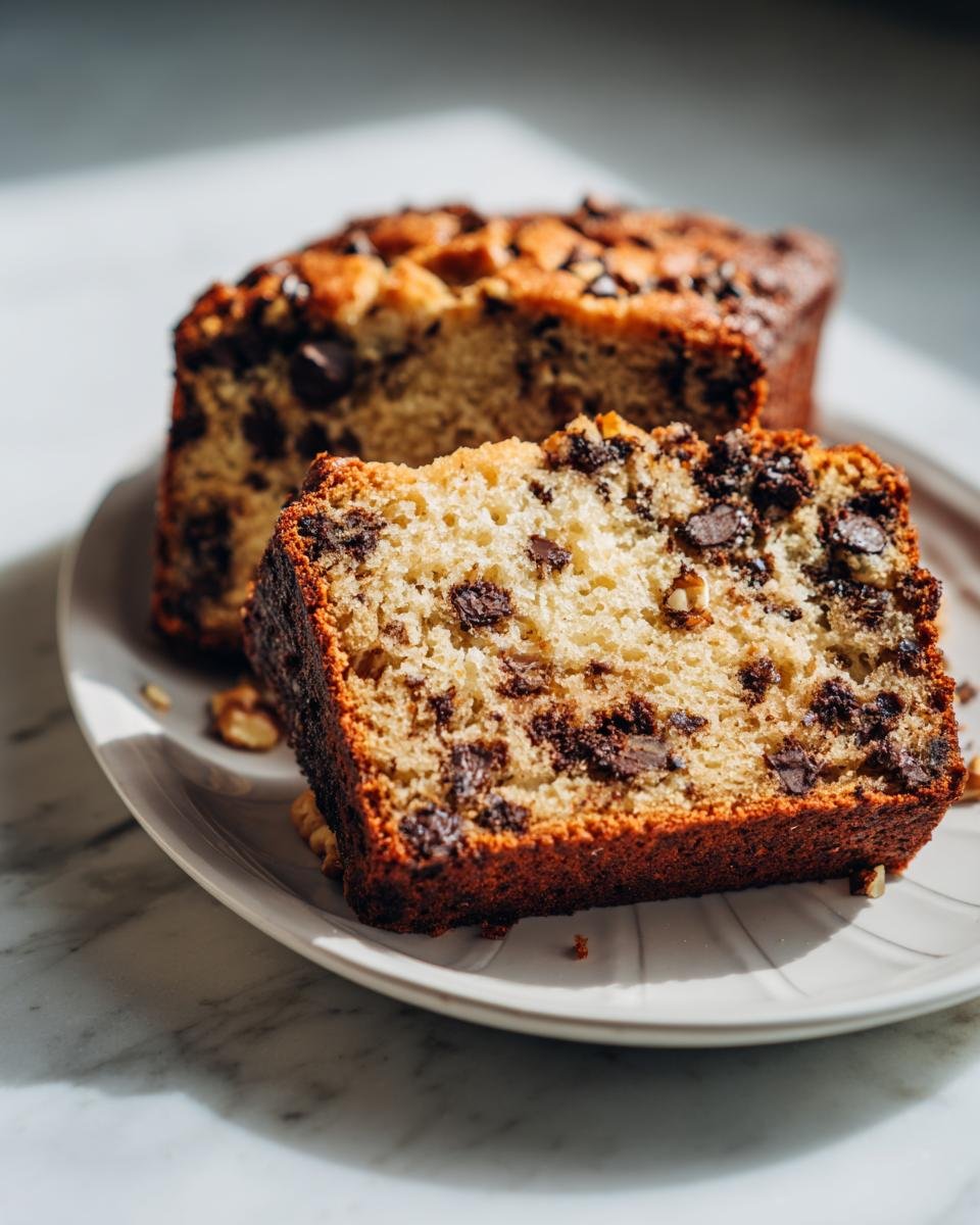 A thick slice of Brown Butter Walnut Chocolate Chip Bread showing moist crumb, chocolate chips, and walnuts.