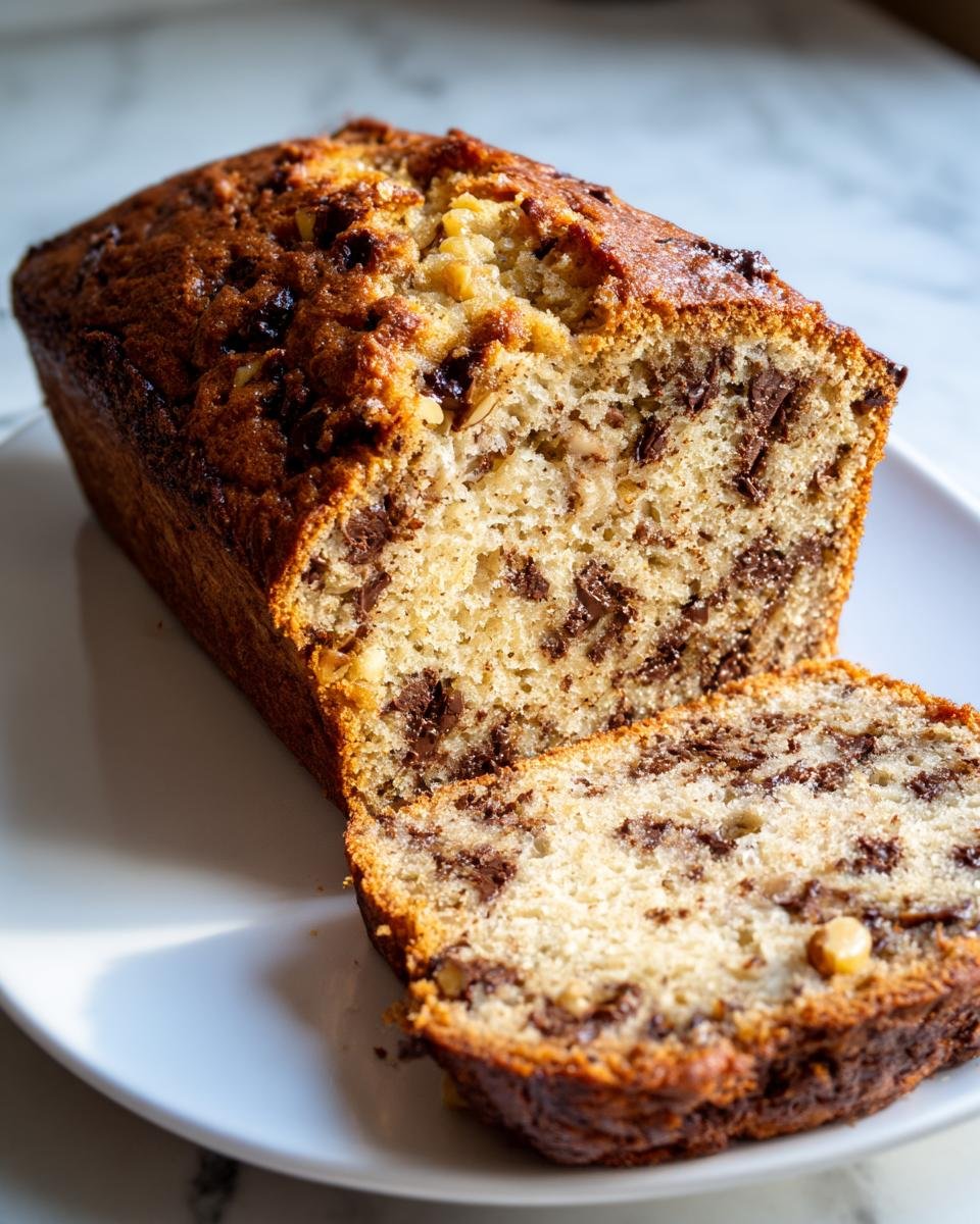 A loaf of Brown Butter Walnut Chocolate Chip Bread, sliced to show the moist interior loaded with chocolate chips and walnuts.