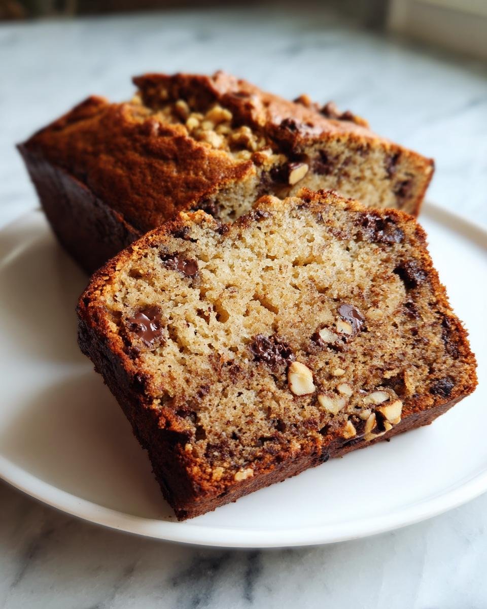 A thick slice of moist Brown Butter Walnut Chocolate Chip Bread showing chocolate chips and walnuts.