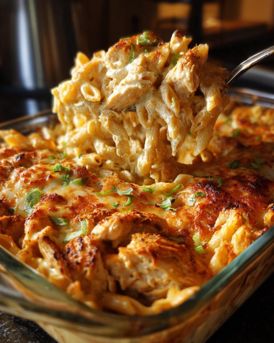 A fork lifting a generous portion of Irresistible Cajun Cream Cheese Chicken Pasta Bake from a glass dish, showing creamy pasta and chicken.
