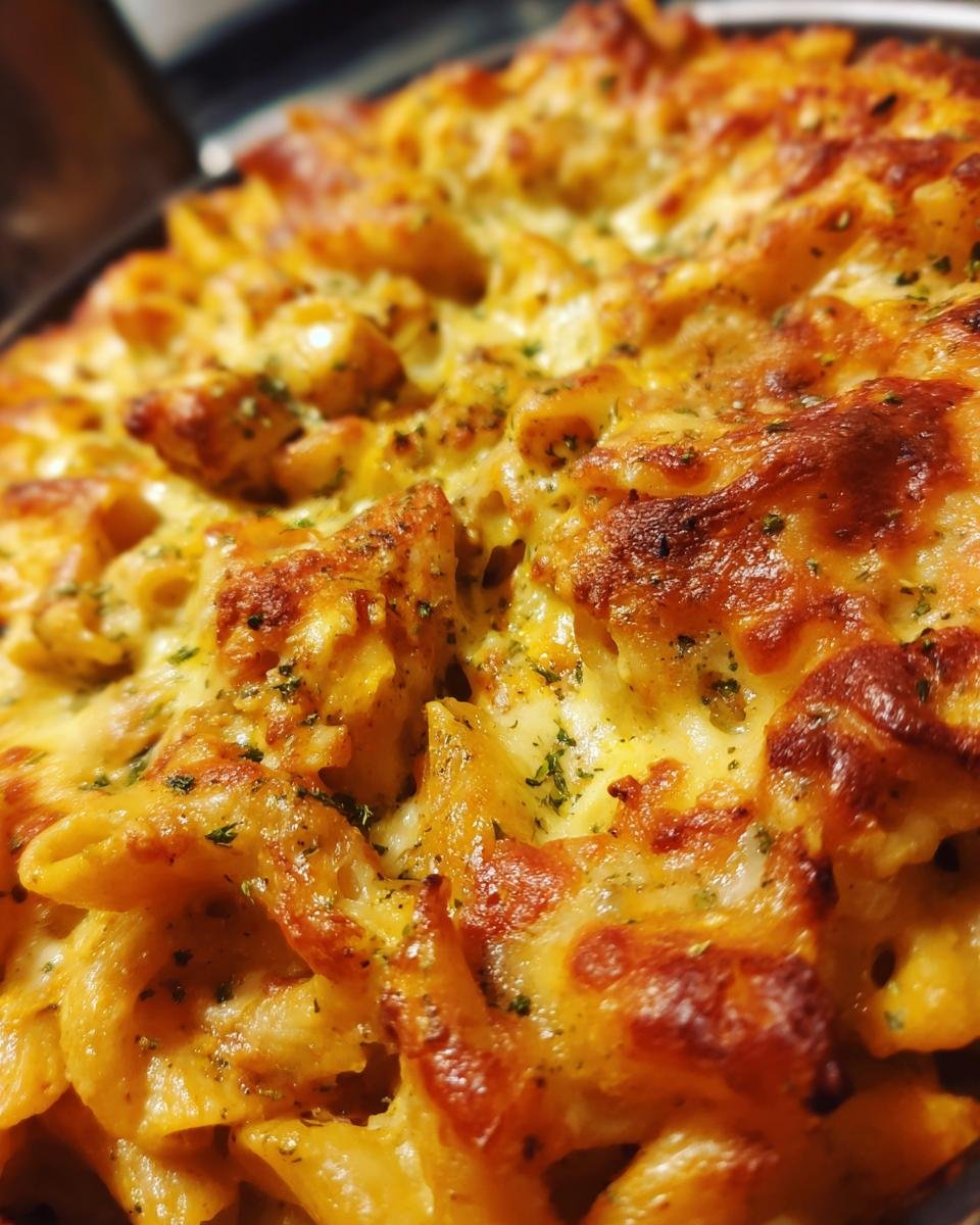 Close-up of a baked pasta dish with chicken, covered in melted cheese and herbs, featuring the Irresistible Cajun Cream Cheese Chicken Pasta Bake.