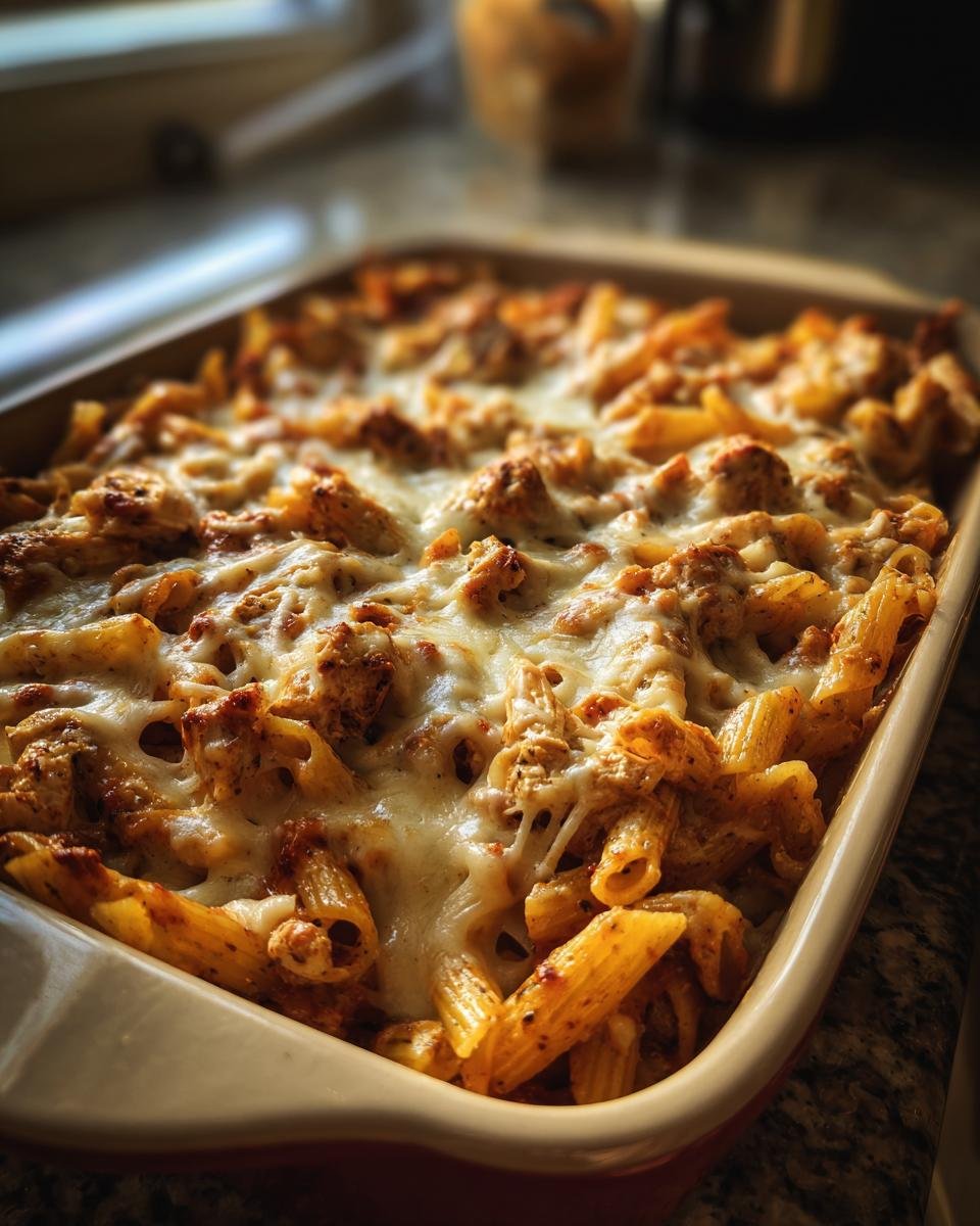 A close-up of an Irresistible Cajun Cream Cheese Chicken Pasta Bake fresh from the oven, topped with melted cheese.
