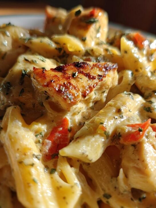 A close-up of Irresistible Cajun Cream Cheese Chicken Pasta Bake, featuring penne pasta, chicken pieces, and a creamy sauce with herbs.
