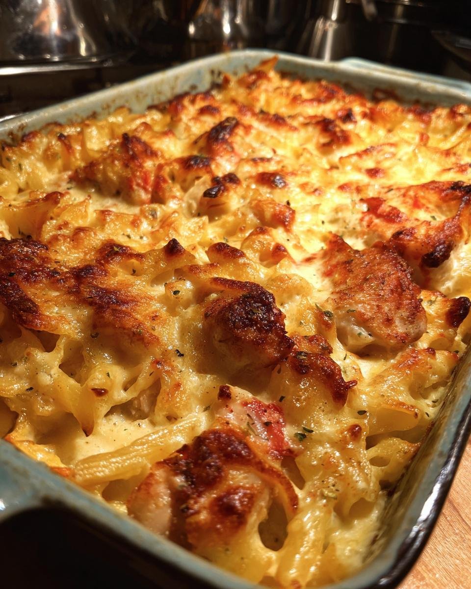 Close-up of a golden-brown, bubbly Cajun Cream Cheese Chicken Pasta Bake fresh from the oven.