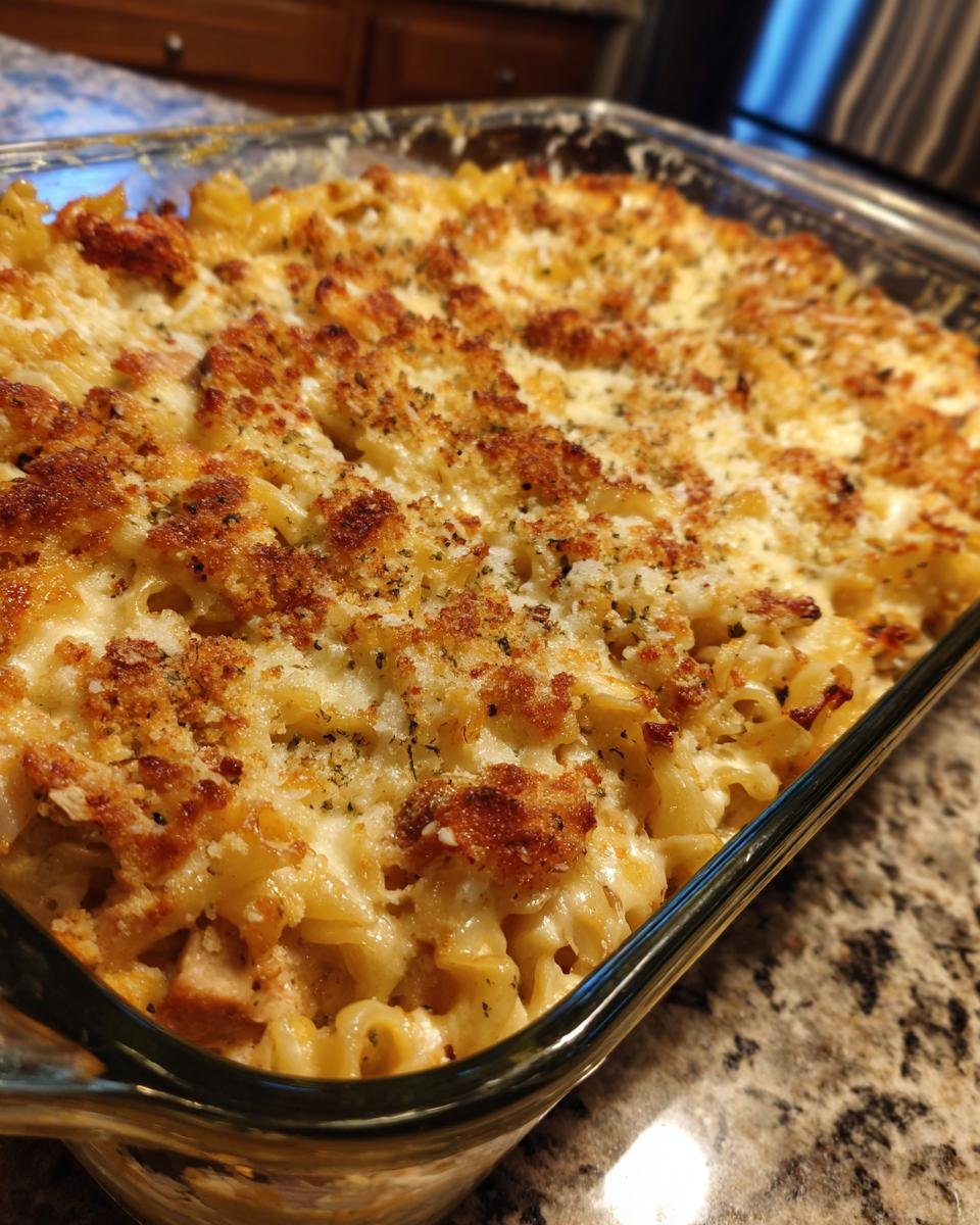 A close-up of an Irresistible Cajun Cream Cheese Chicken Pasta Bake in a glass dish, with a golden-brown breadcrumb topping.