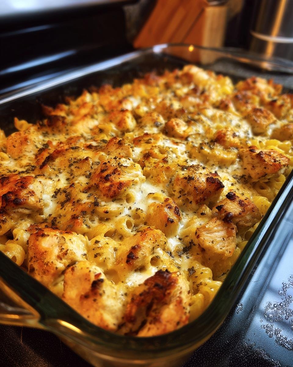 Close-up of an Irresistible Cajun Cream Cheese Chicken Pasta Bake in a glass dish, with golden-brown chicken pieces and melted cheese.