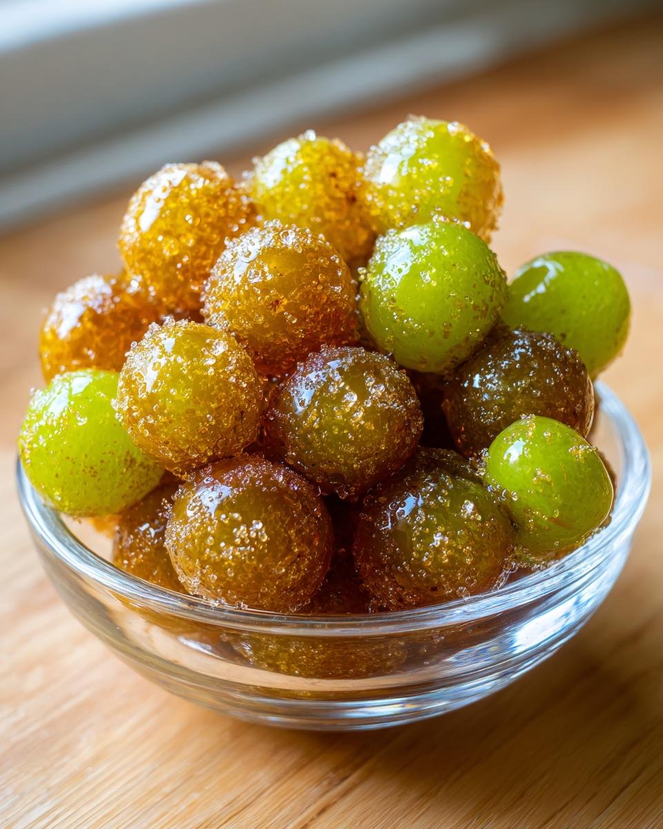 Close-up of a glass bowl filled with glistening Candied Frozen Sour Grapes, some green and some amber.