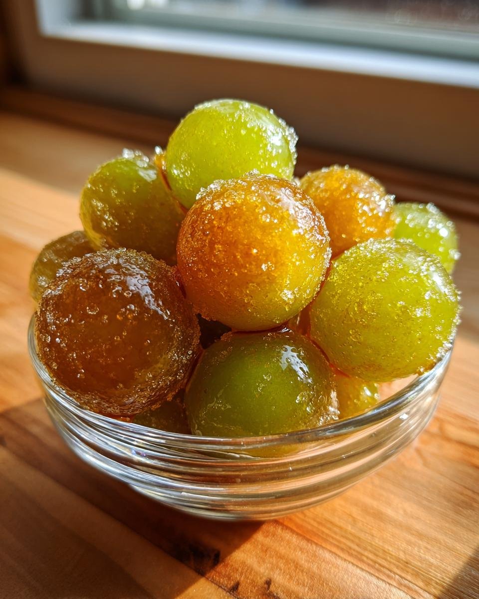 Close-up of glistening candied frozen sour grapes coated in sugar, piled in a clear glass bowl.