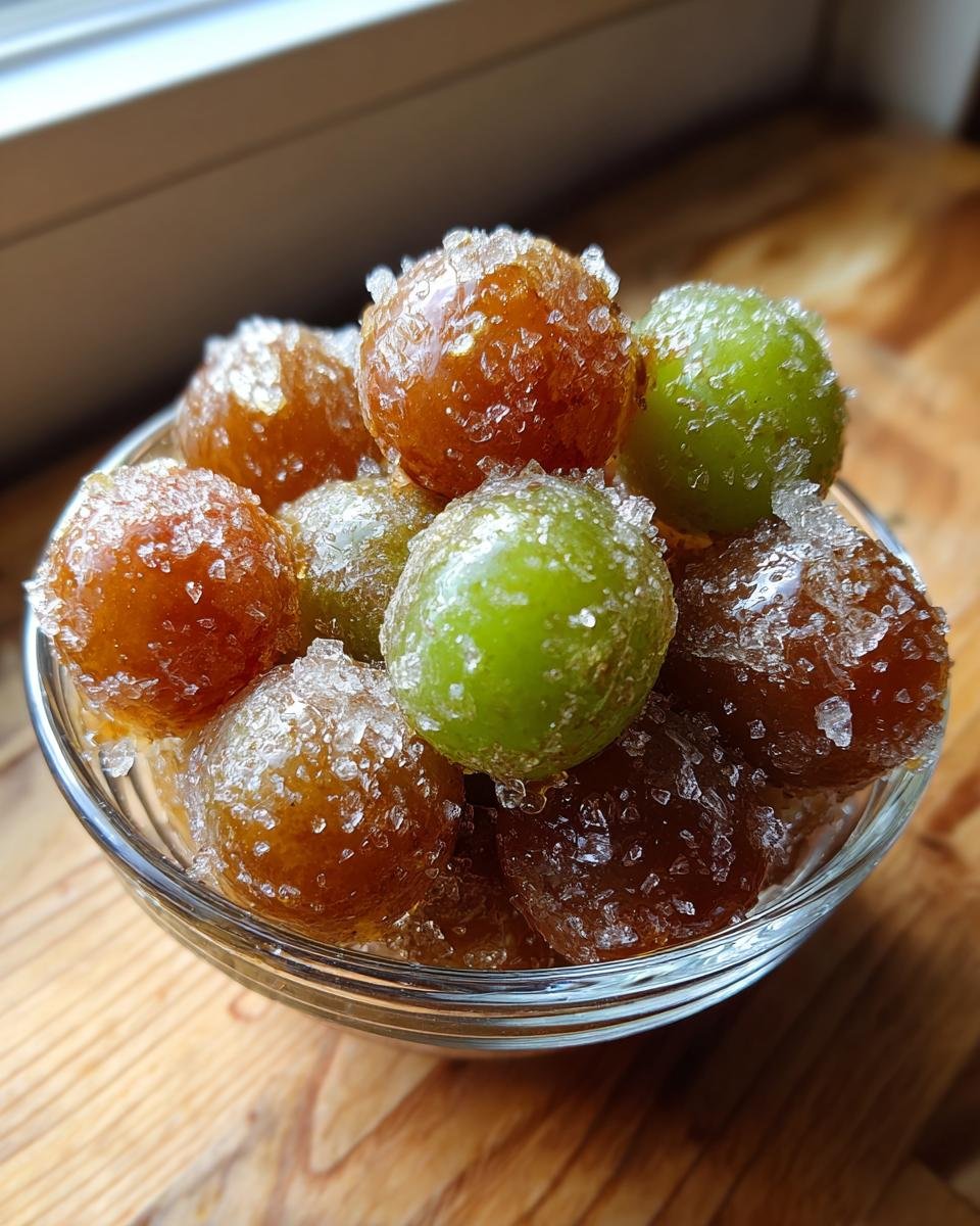 Close-up of a bowl filled with glistening candied frozen sour grapes, some green and some amber, coated in sugar crystals.