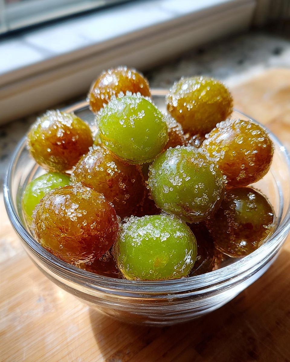 A close-up of a glass bowl filled with glistening candied frozen sour grapes, coated in sugar.