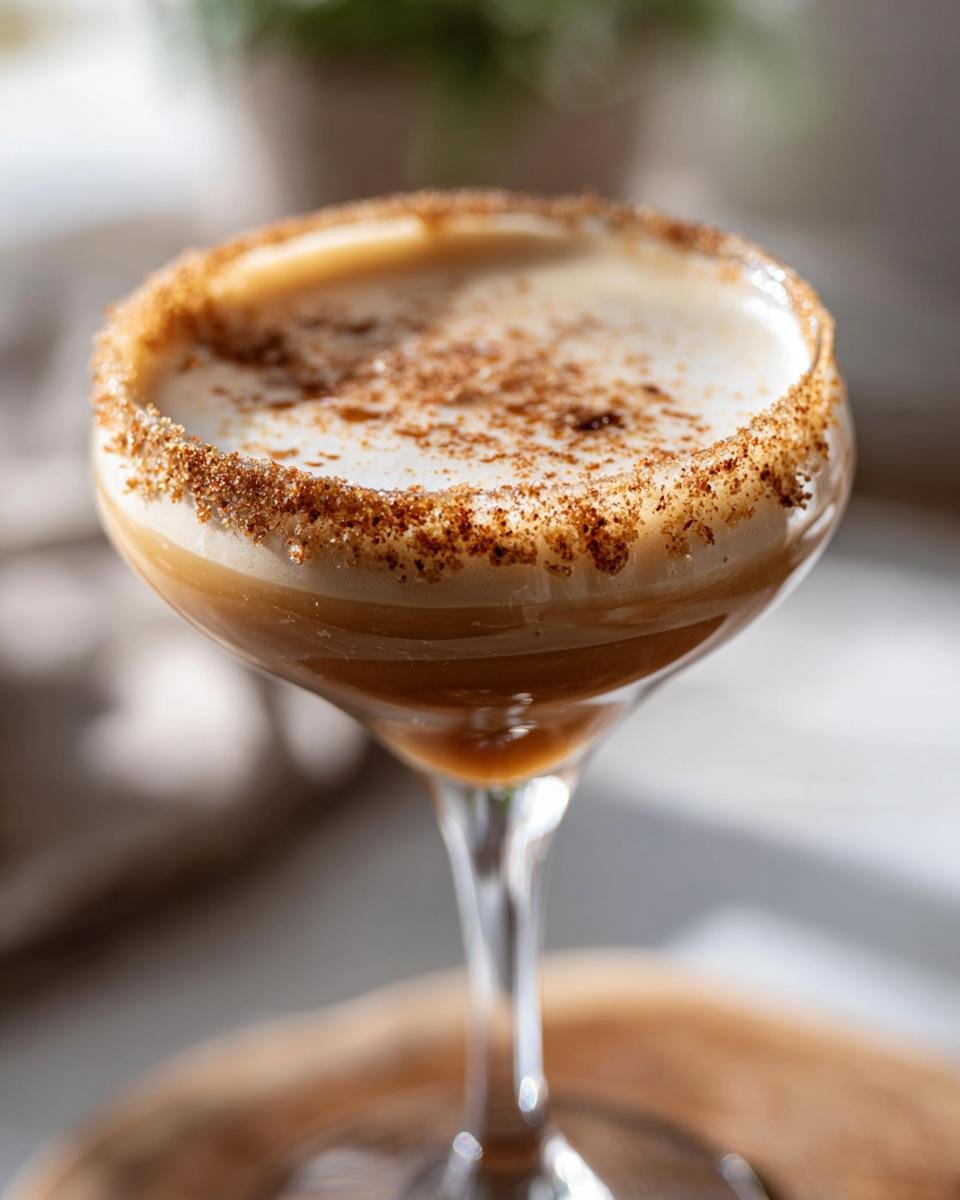 A close-up of a Caramel Apple Pie Martini, featuring a creamy top, cinnamon sugar rim, and a dusting of cinnamon.