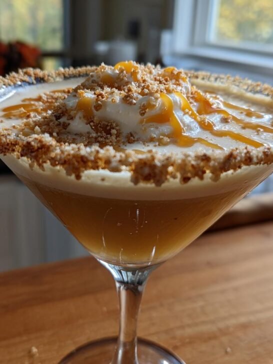 A delicious Caramel Apple Pie Martini topped with whipped cream and caramel drizzle, rimmed with crushed cookies.