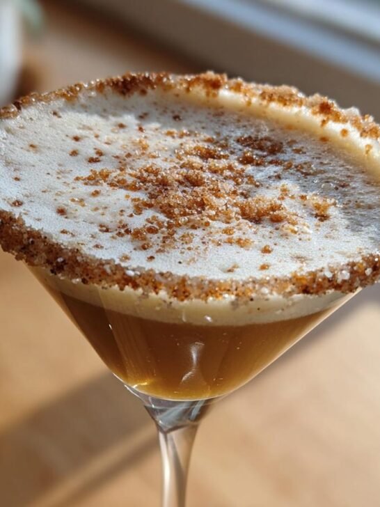A close-up of a Caramel Apple Pie Martini, featuring a frothy top, a sugared rim, and a warm amber liquid.