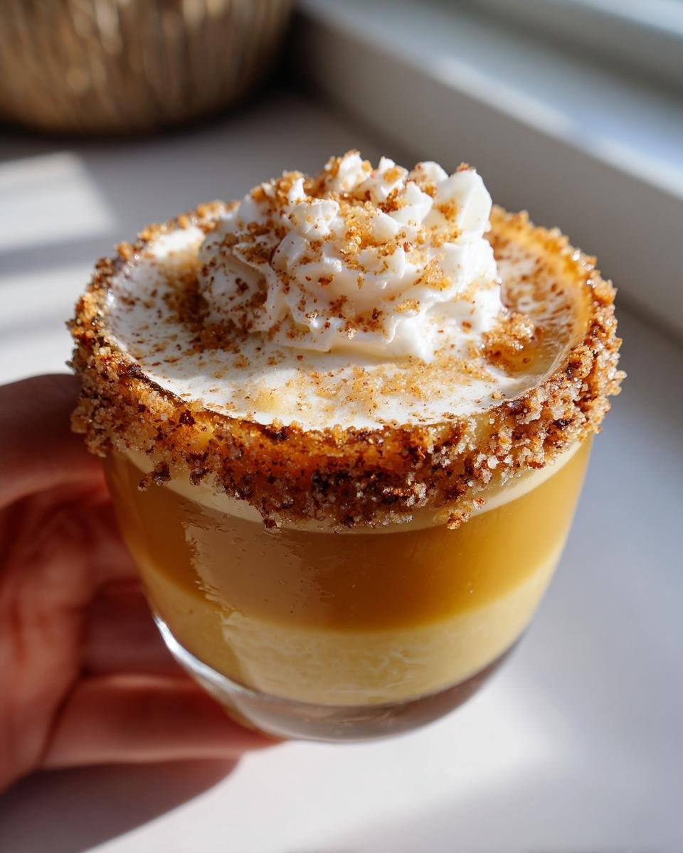A close-up of a Caramel Apple Pie Martini, topped with whipped cream and a cinnamon-sugar rim.