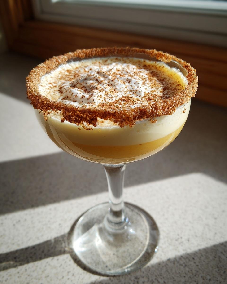 A creamy Caramel Apple Pie Martini topped with whipped cream and cinnamon sugar rim.