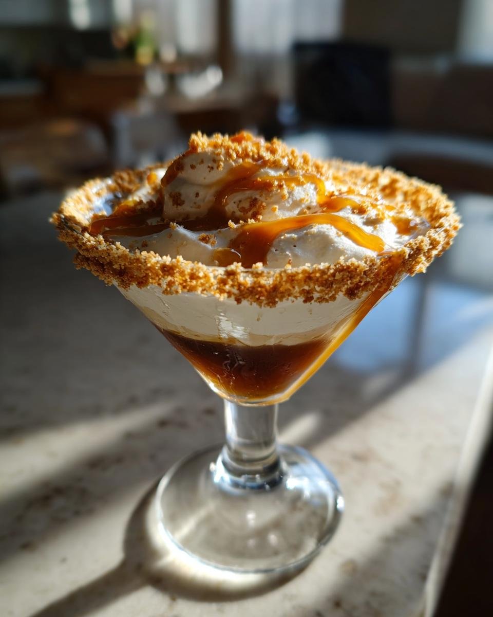A delicious Caramel Apple Pie Martini topped with whipped cream, caramel drizzle, and graham cracker crumbs.