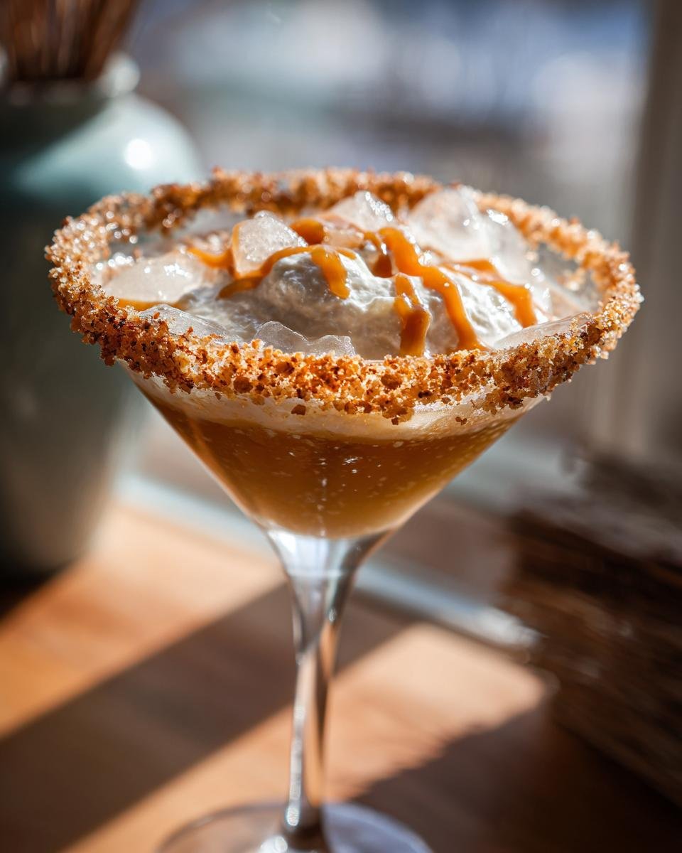 A delicious Caramel Apple Pie Martini topped with whipped cream, caramel drizzle, and ice, served in a sugar-rimmed glass.
