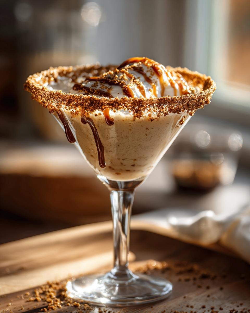 A delicious Caramel Apple Pie Martini in a rimmed glass, topped with whipped cream and caramel drizzle.