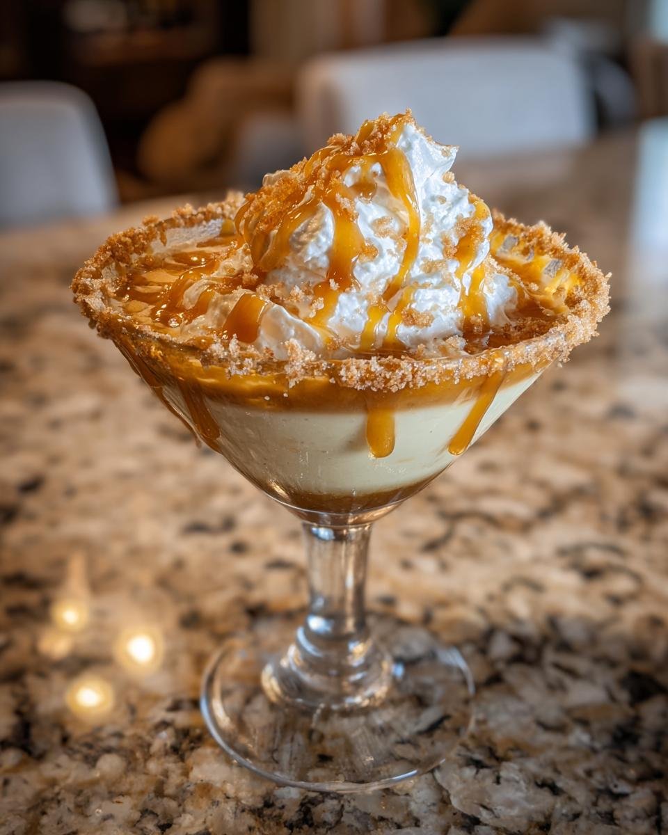 A delicious Caramel Apple Pie Martini topped with whipped cream, caramel drizzle, and crushed graham crackers.