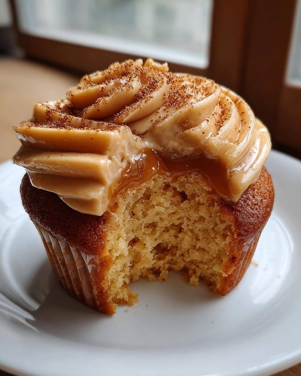 Close-up of a Caramel Eggnog Cupcakes with caramel frosting and a bite taken out, showing the moist crumb.