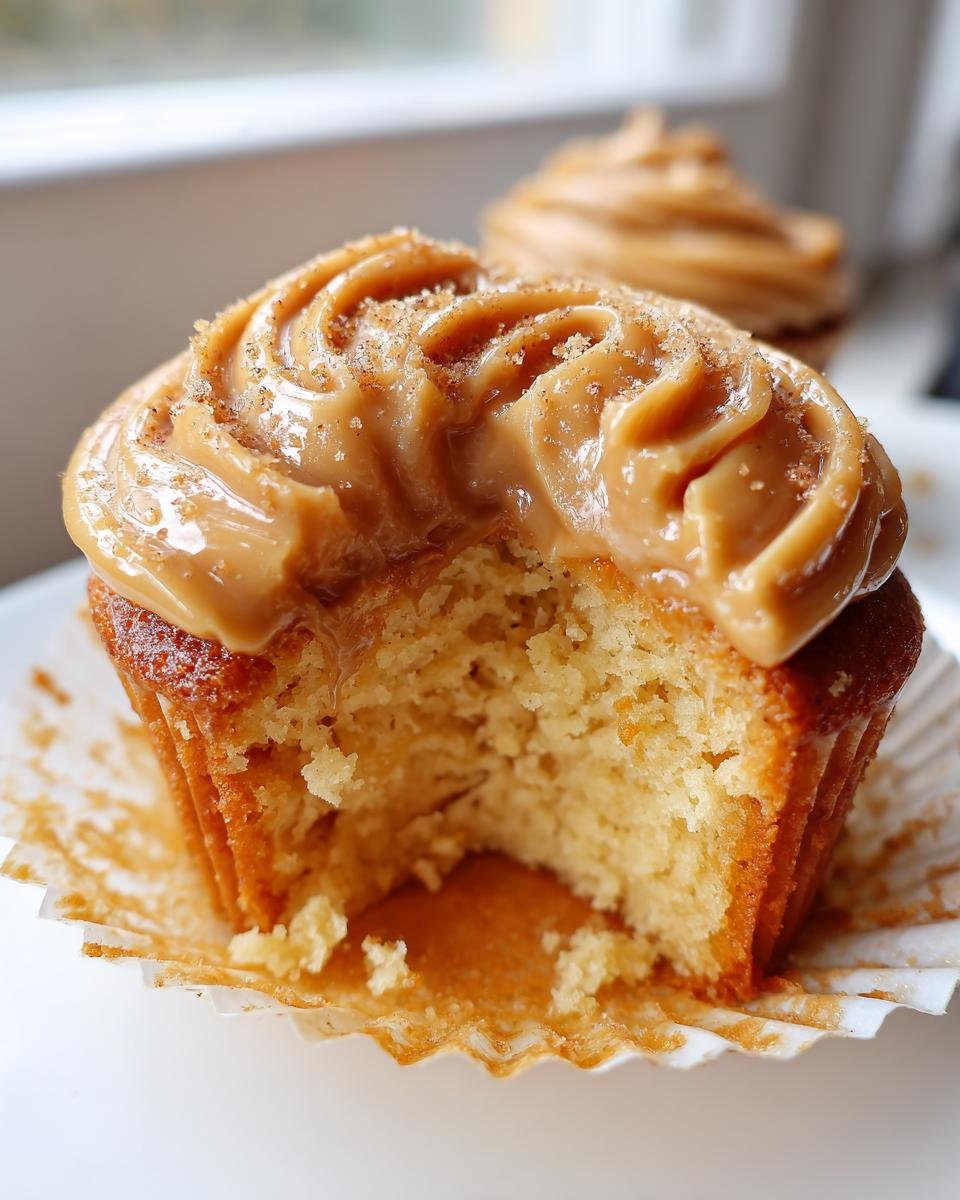 Close-up of a Caramel Eggnog Cupcakes with a bite taken out, showing the moist crumb and thick caramel frosting dusted with spice.
