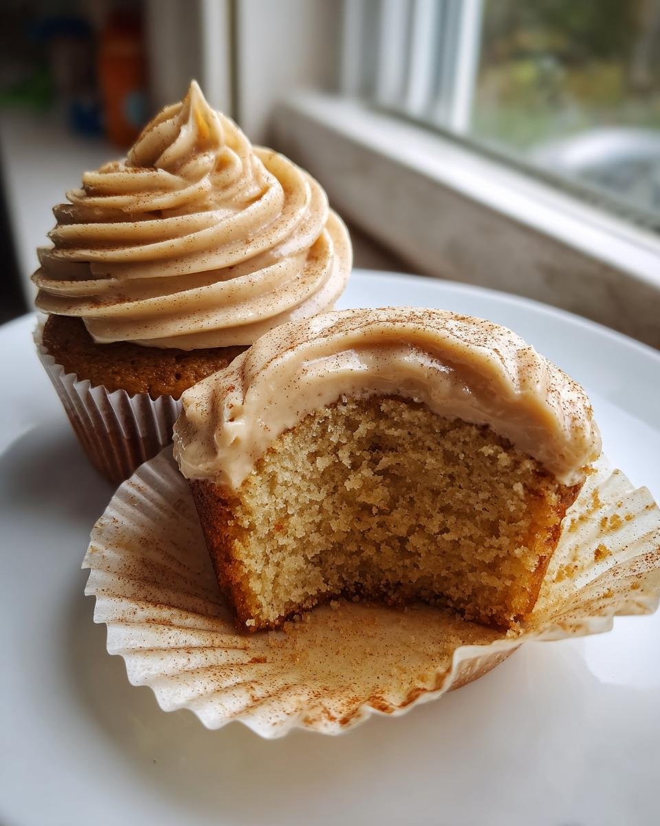 Two Caramel Eggnog Cupcakes on a white plate, one cut in half showing the moist crumb and caramel frosting dusted with cinnamon.