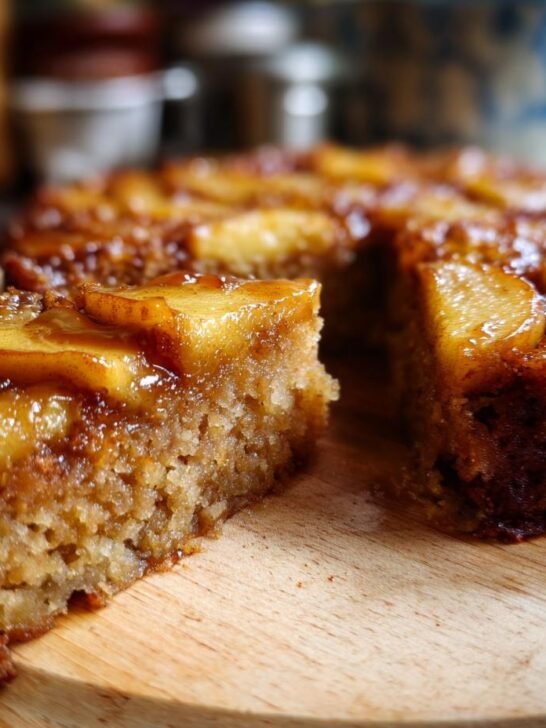 A slice of Caramel Oatmeal Apple Upside Down Cake with a gooey caramel topping and tender apple slices.