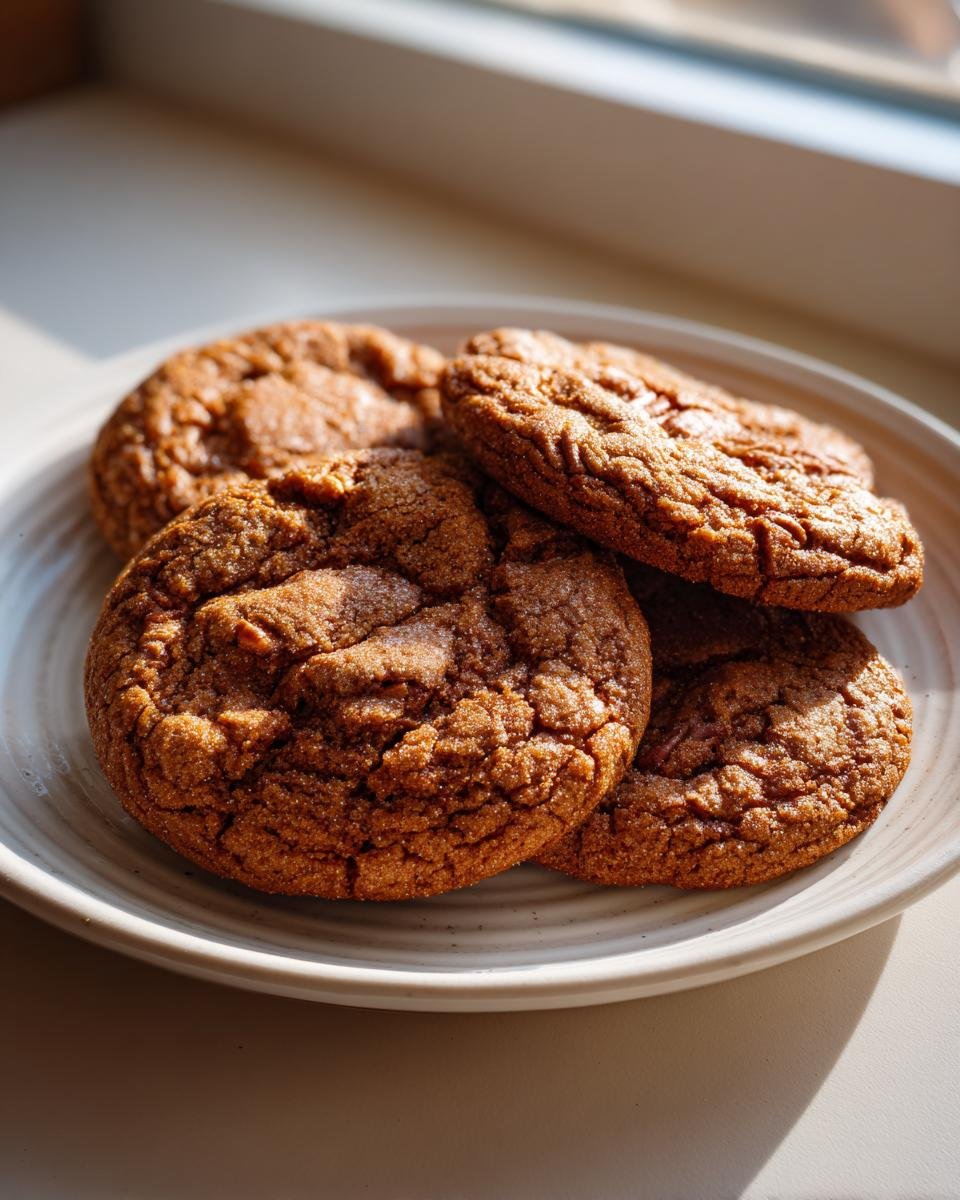 Four rich brown Chewy Brown Butter Pecan Cookies stacked slightly on a white plate near a sunny window.