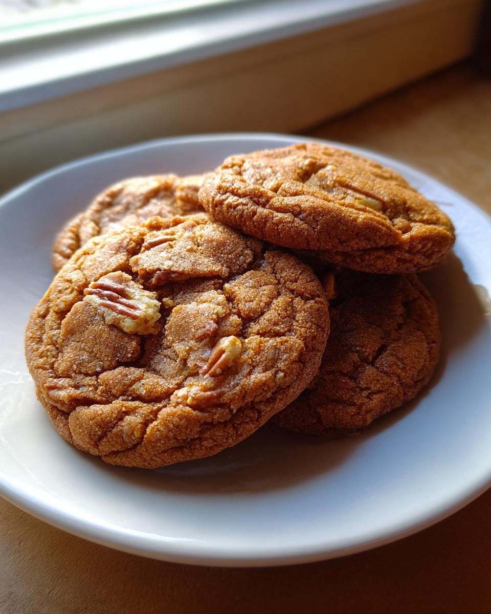 A stack of four golden brown, chewy brown butter pecan cookies resting on a white plate near a window.