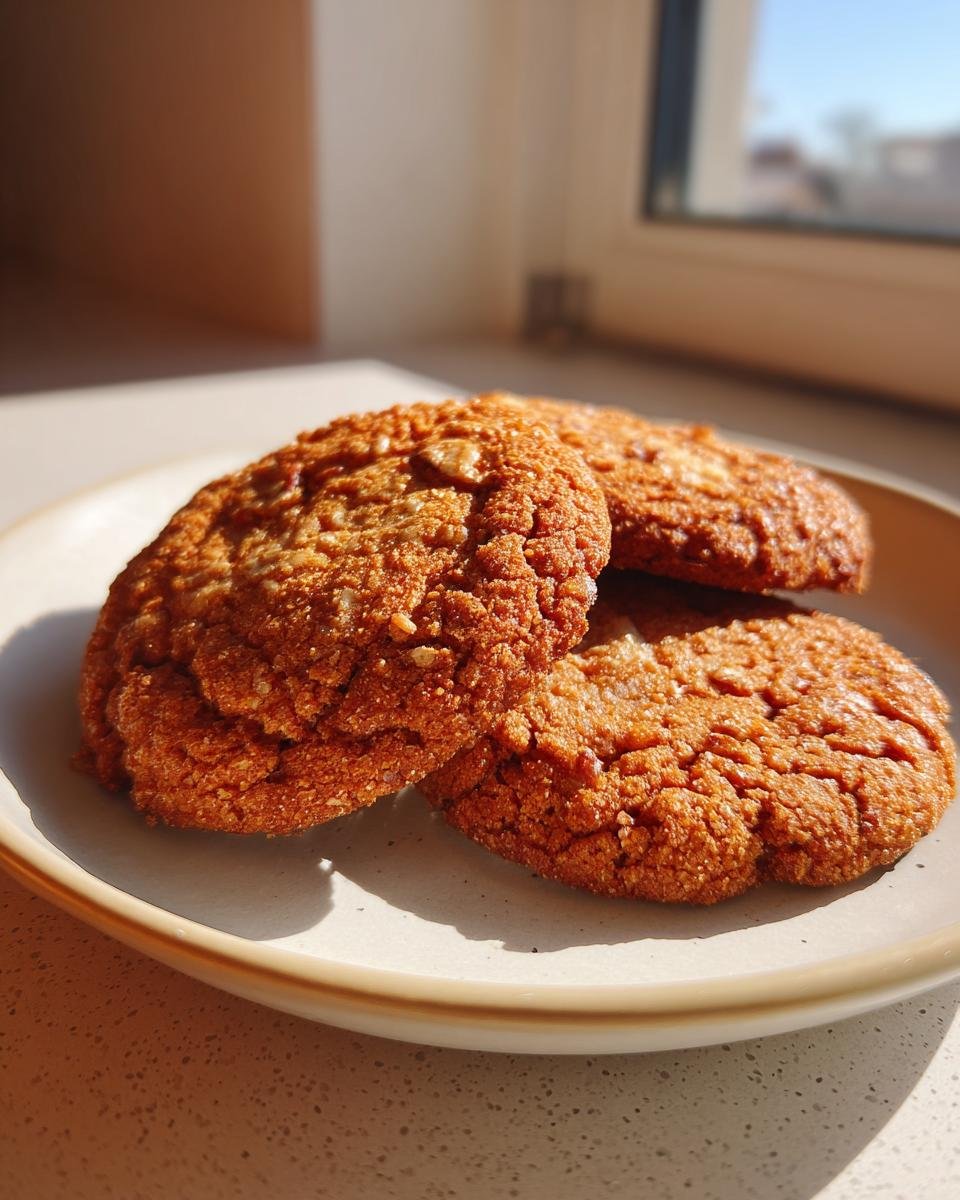 Three golden brown, chewy brown butter pecan cookies stacked slightly on a light-colored plate near a window.