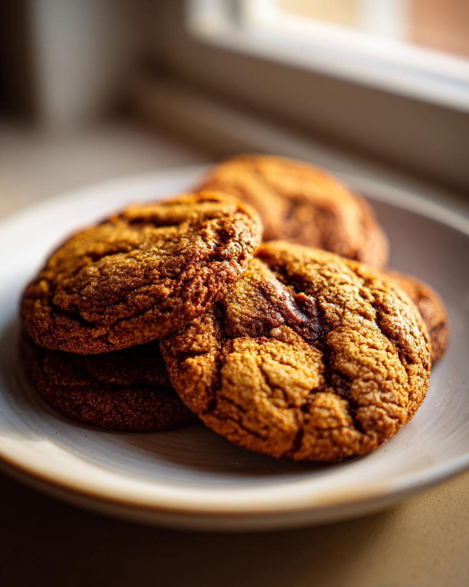 A stack of freshly baked, chewy brown butter pecan cookies with cracked tops resting on a light-colored plate.