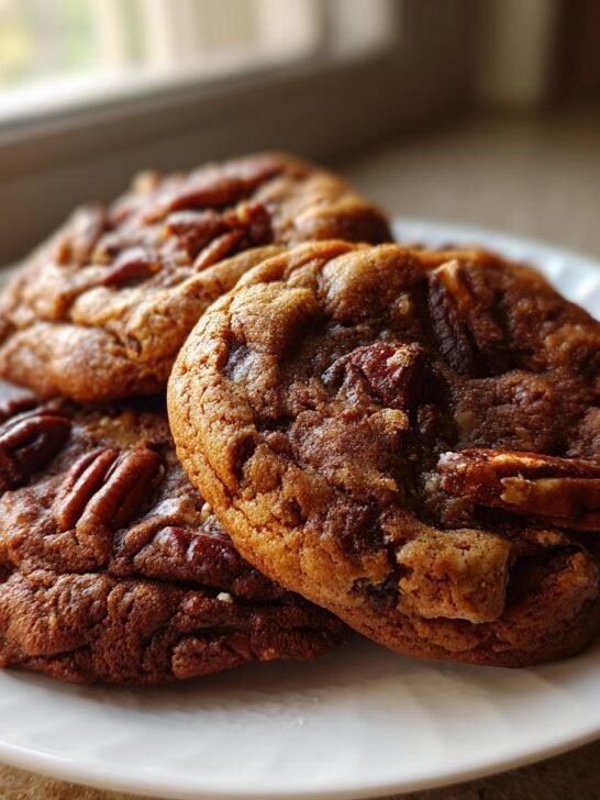 A close-up of three freshly baked, chewy brown butter pecan cookies stacked slightly on a white plate.