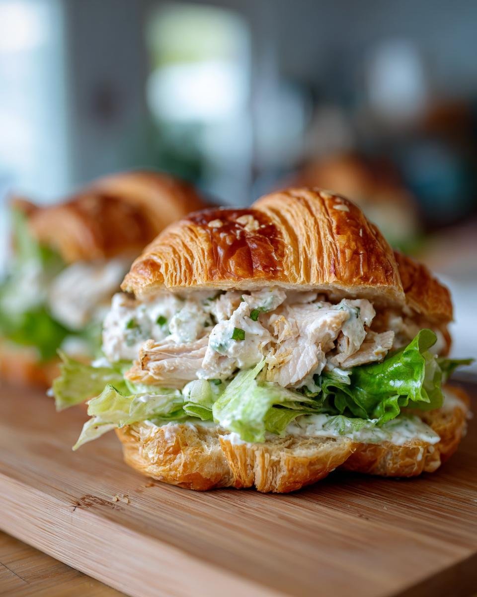 Close-up of an Irresistible Chicken Caesar Croissant Sandwich filled with shredded chicken, lettuce, and creamy Caesar dressing.